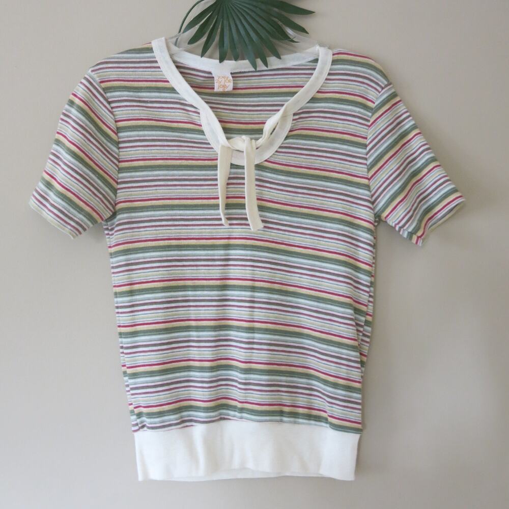 VINTAGE JOEY JOE Baby Tee Top Size L Striped Green Fitted Crop Boho Retro Y2K
